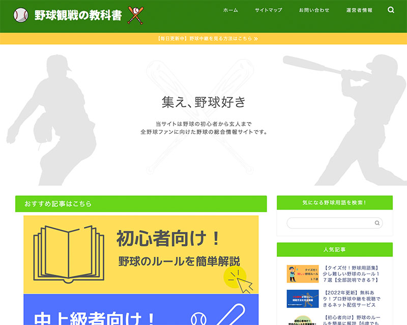 総合賞2位受賞サイト「野球観戦の教科書」のキャプチャー画像